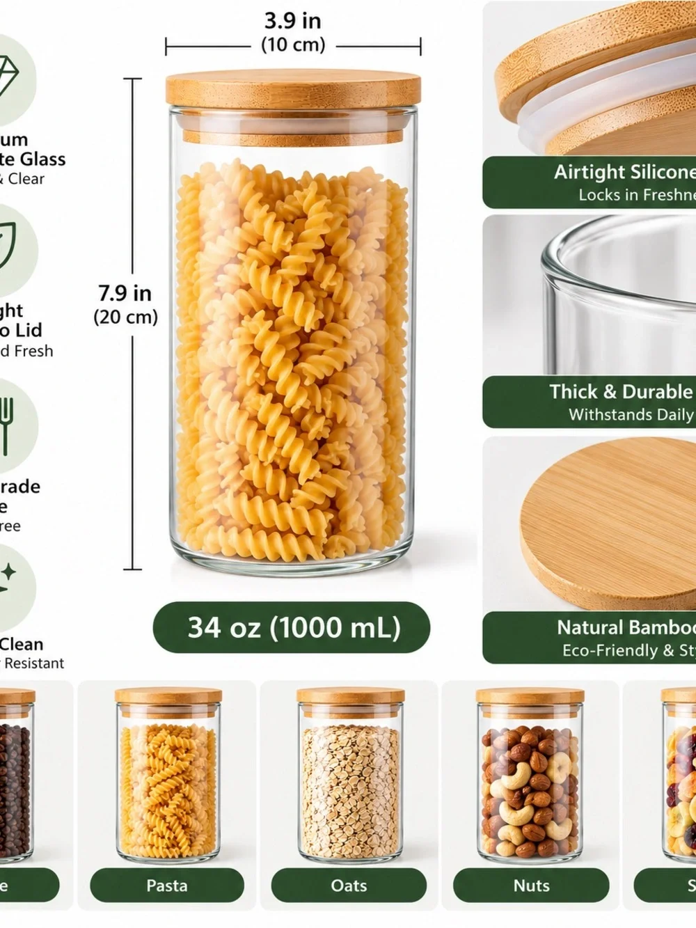 (3 pack )Glass Pantry Jar with Bamboo Lid - Clear and Natural (34 OZ)